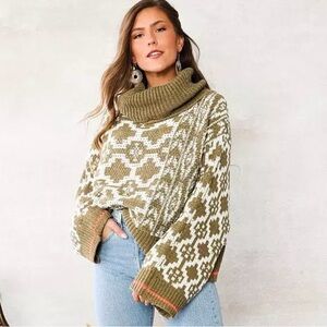 HYFVE Olive and Cream Patterned Turtleneck Sweater